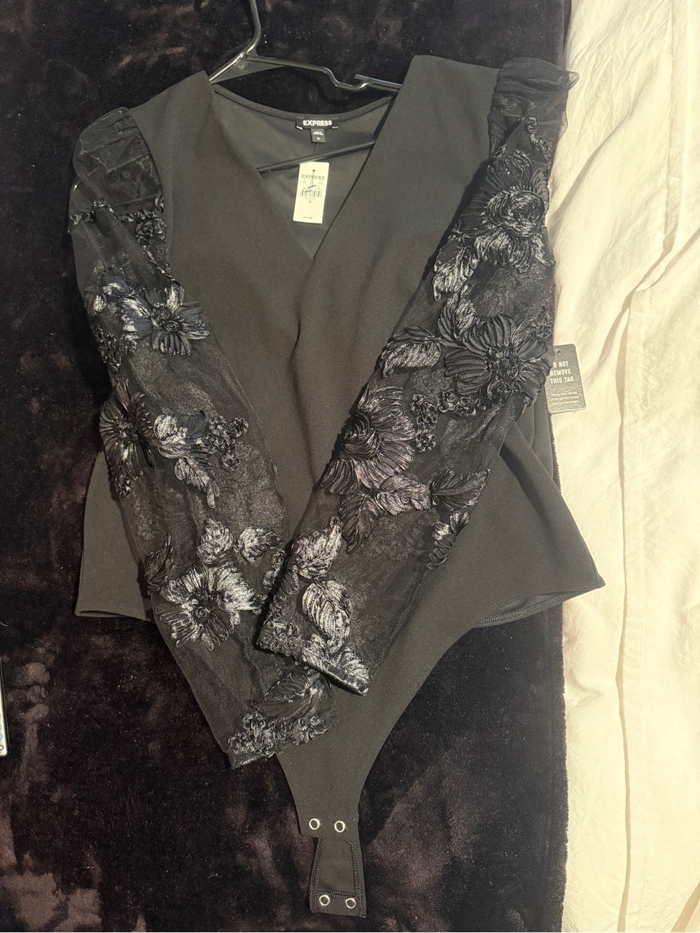 Express Black V-Neck Embroidered Floral Sleeve Bodysuit